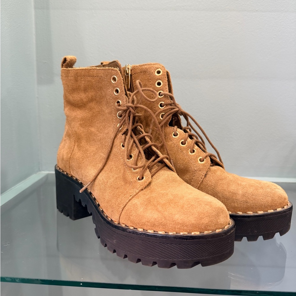 Marc Fisher Tan Suede Lace-Up Lug Sole Combat Boots